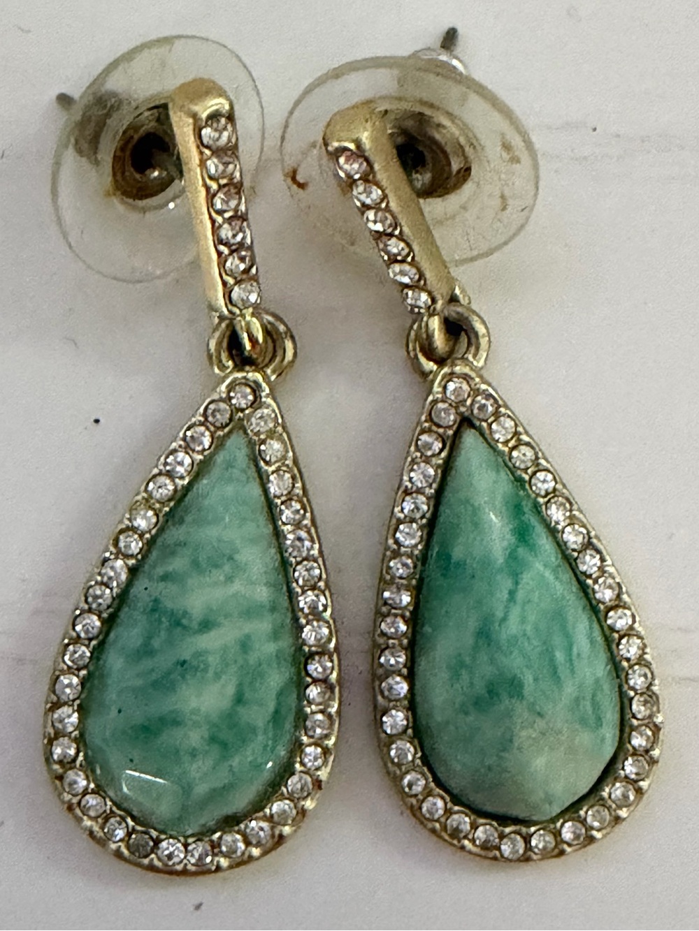 Gold-Tone Teardrop Earrings with Green Marbled Stones and Crystal Halo